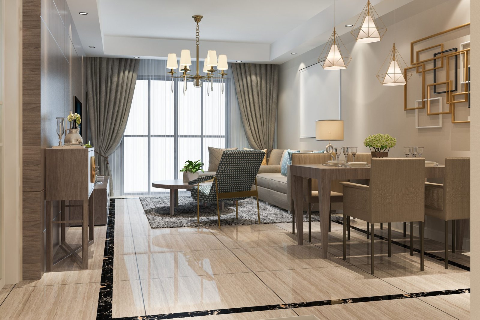 3d rendering loft luxury living room with shelf near dining table Living room interior design warangal”